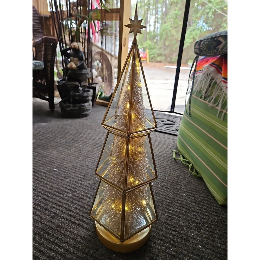 VTG Gold Table Top Christmas Tree Lighted GLASS ENCASED Hollywood Regency 24